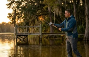 Best Casting Rods for Jig Fishing (We Tested 8) Angler casting a jig rod on a bass lake at golden hour — best casting rods for jig fishing