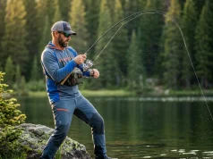 The Fishing Line That Forgives Every Beginner Mistake Angler fighting a fish highlighting monofilament fishing line stretch