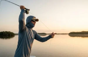 Best Fishing Sun Shirts UPF 50+ and Why Most Disappoint Angler in AFTCO UPF 50 fishing hoodie casting on saltwater flat at golden hour