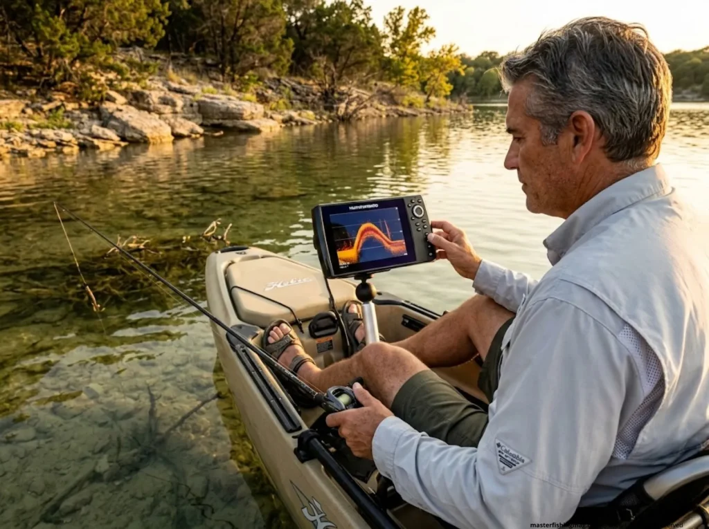 Experienced kayak angler reading Humminbird Helix 7 on RAM MOUNTS track ball mount in shallow cove, golden hour