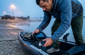 Best Kayak Fish Finder Mount Systems After 50+ Trips Angler securing Humminbird Helix 7 on RAM MOUNTS track ball system on fishing kayak at reservoir