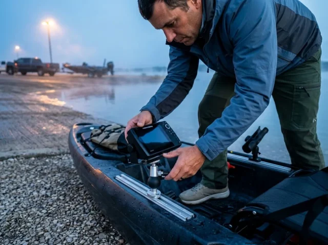 best-kayak-fish-finder-mount-systems-hero Angler securing Humminbird Helix 7 on RAM MOUNTS track ball system on fishing kayak at reservoir