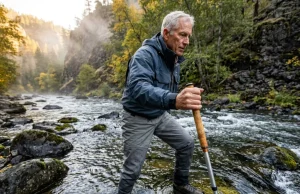 Best Wading Staff for Slippery Rocks (Tested) Senior angler using Fishpond wading staff on slippery rocks in fast mountain river