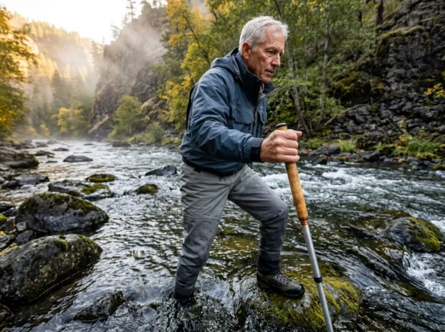 best-wading-staff-slippery-rocks-senior-angler Senior angler using Fishpond wading staff on slippery rocks in fast mountain river