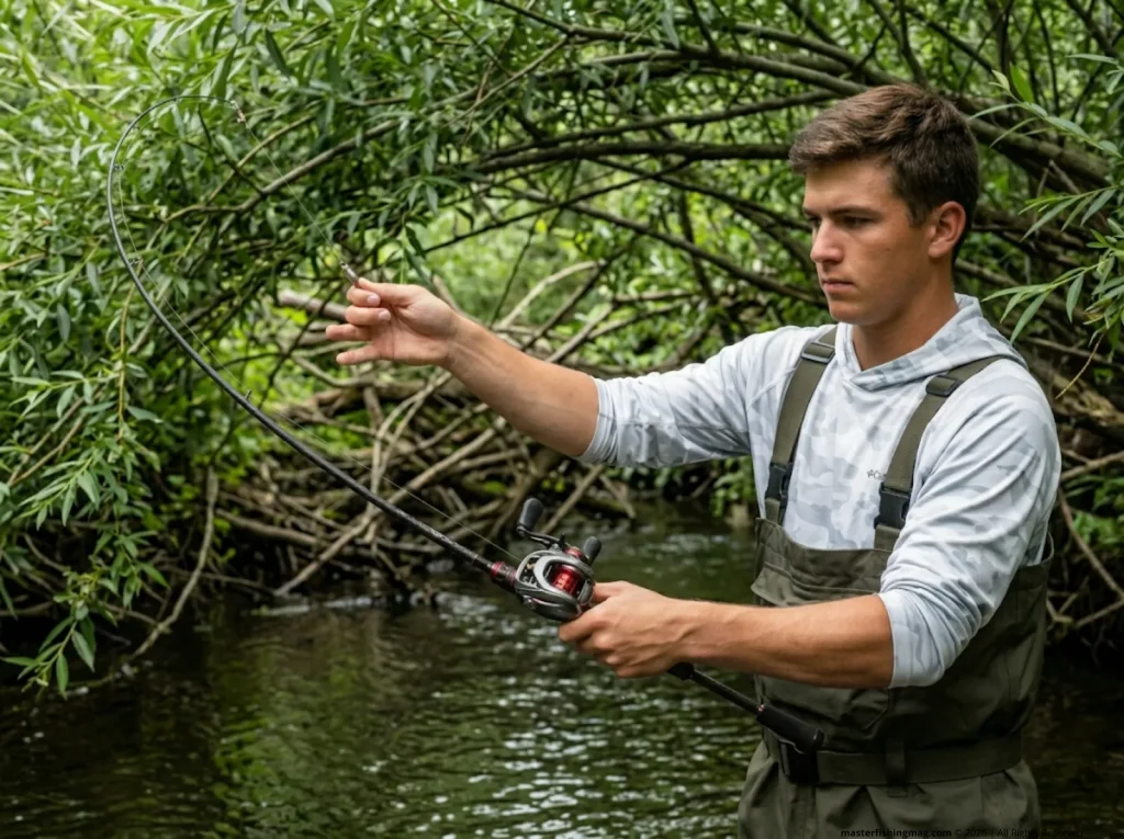 Angler executing a bow-and-arrow cast with a BFS reel under dense tree canopy.
