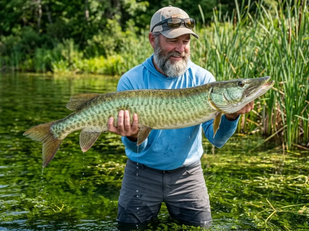 Angler holding a healthy tiger muskie in a clear lake.