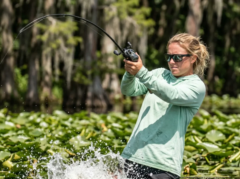 Female angler executing a powerful hookset after sensing a suction feeding strike