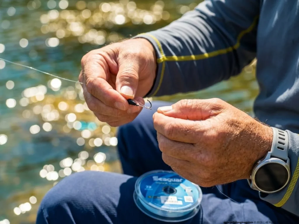 Close up of angler tying microscopic tungsten jig to ultralight fluorocarbon fishing line