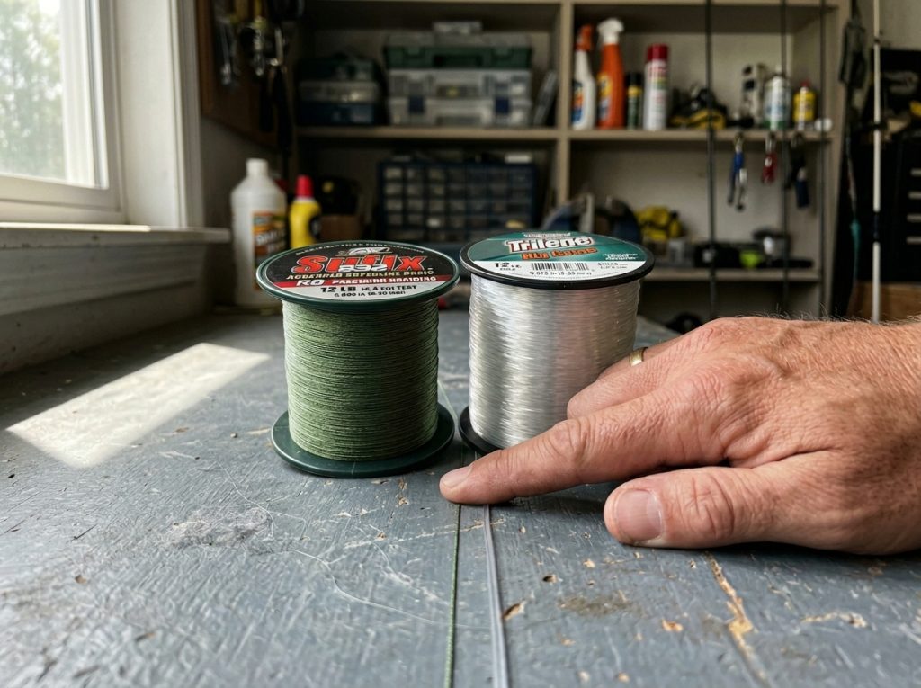 Thin braided line spool beside a thicker mono spool at the same pound test