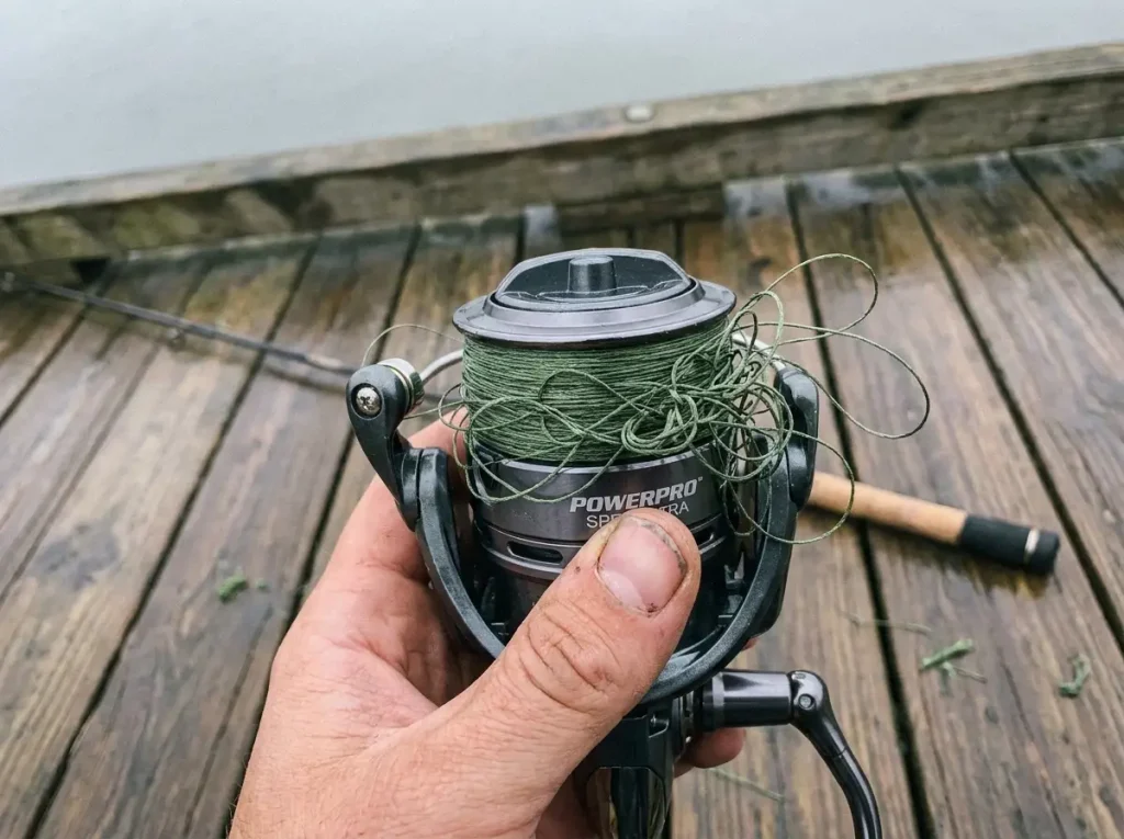 A tangled bird's nest of green braided line jammed on a spinning reel after a cast