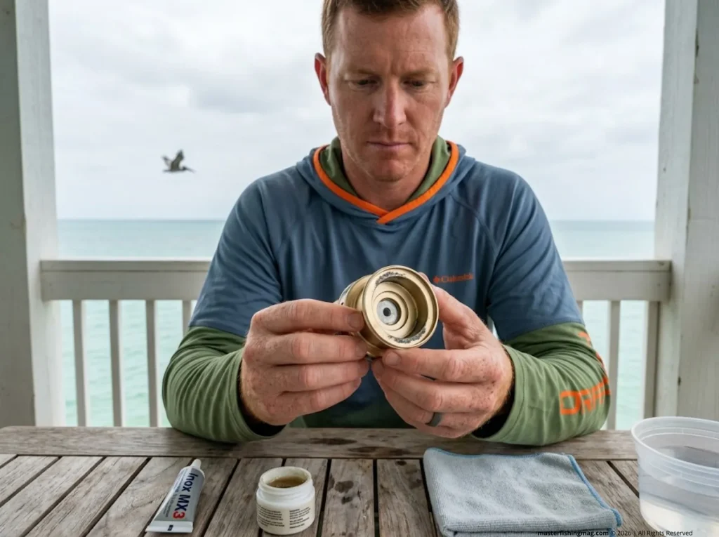 Angler examining corroded Shimano spinning reel spool with salt pitting damage from braided line