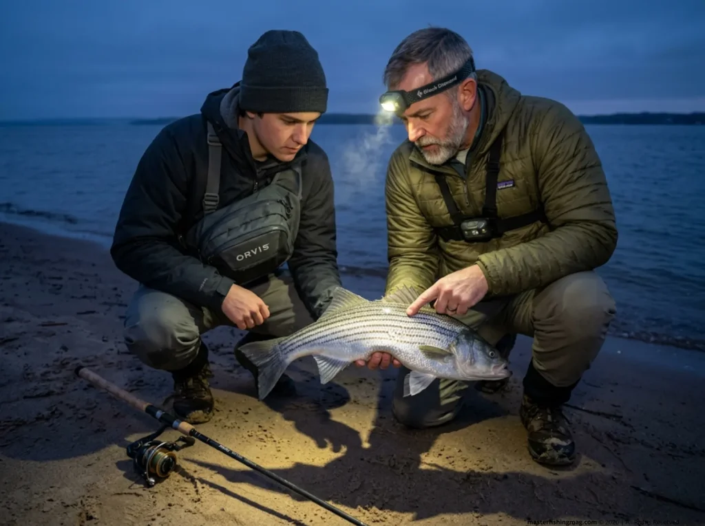 Two anglers inspecting broken lateral stripes on a hybrid bass