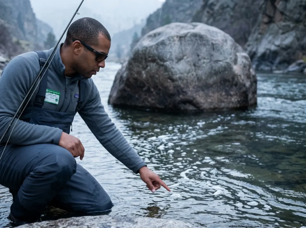 Angler reading current seam below boulder on a tailwater river for brown trout positioning