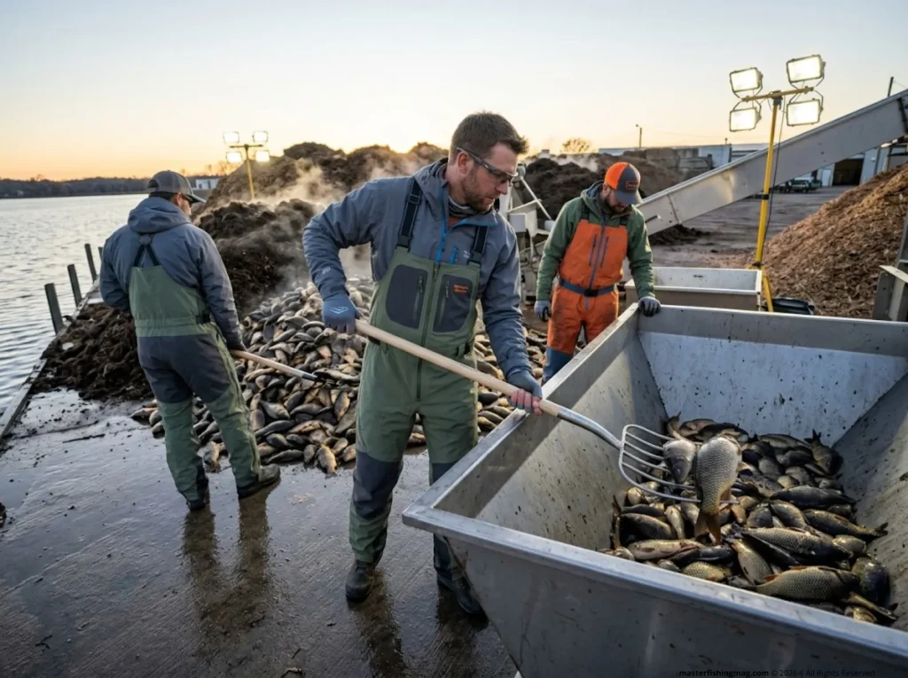Commercial fishermen offloading a massive pile of harvested carp.
