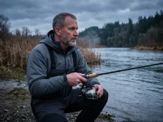 Carp Fishing Techniques Most North Americans Skip Angler adjusting reel drag on the bank using carp fishing techniques north america.