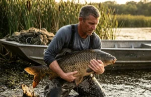 Carp Removal Methods That Actually Restore Lakes Fisheries biologist wearing Simms waders wrestling a massive carp from a restoring lake.