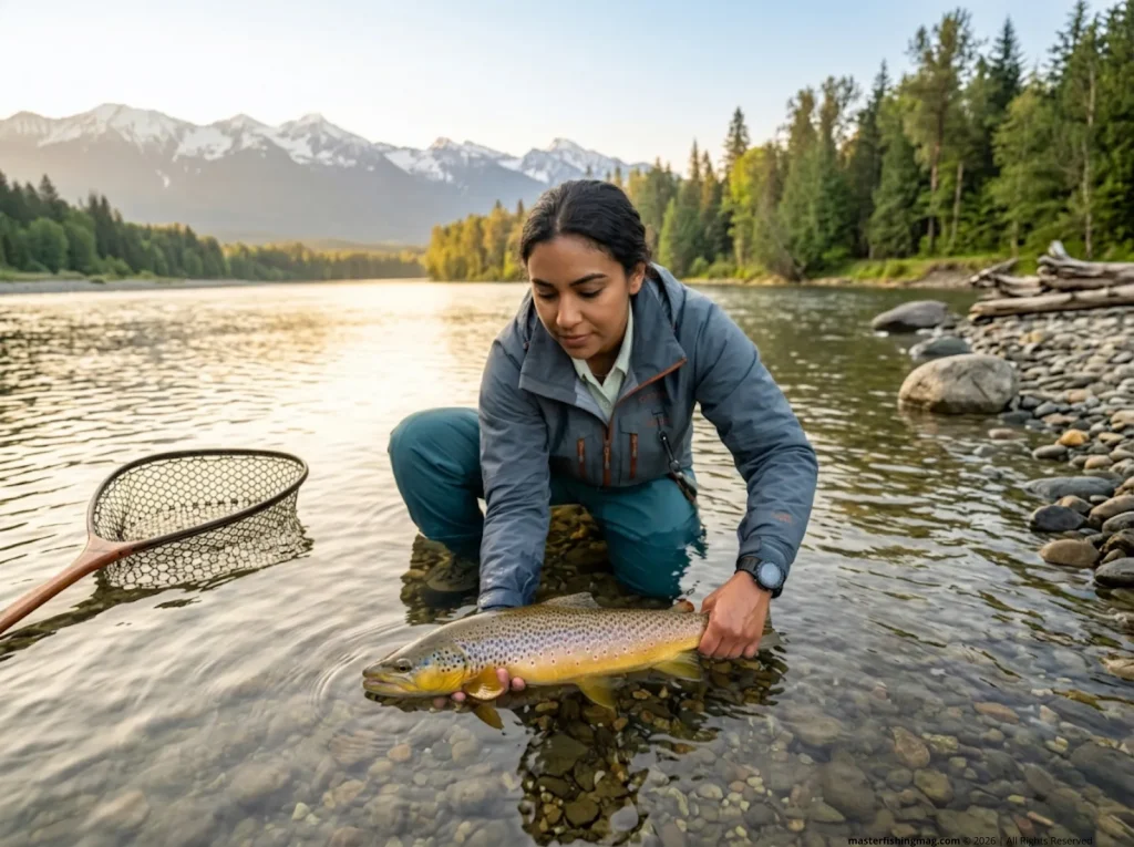Angler releasing a brown trout facing upstream in clear river current with conservation care