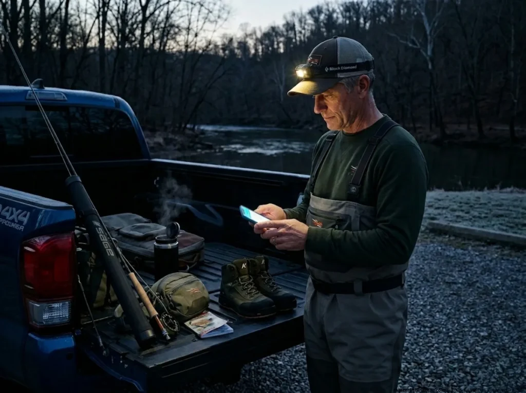 Angler checking dam generation schedule before fishing White River Arkansas