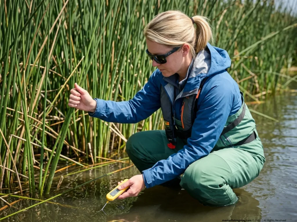 Angler checking water temperature for striped bass spawning triggers in the Sacramento Delta.