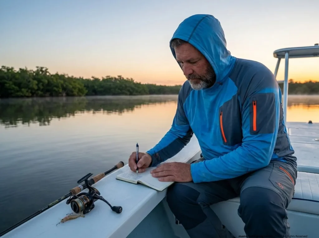 Experienced saltwater angler logging tide trip data in a waterproof notebook on a back-bay skiff