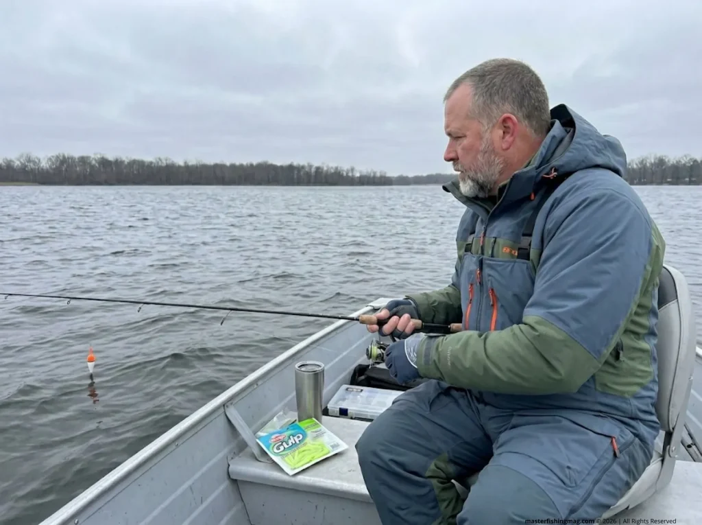 Angler dead-sticking slipfloat during cold front for pre-spawn panfish using Berkley Gulp Minnows