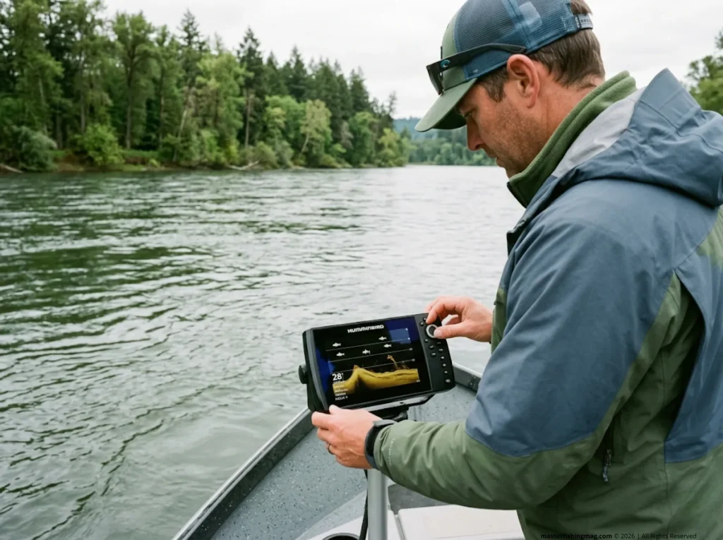 Experienced Columbia River fishing guide reading current seams from the bow of an anchored drift boat using sonar to find travel lanes