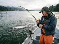 Fishing the Columbia for Salmon and Steelhead. The Right Way Angler fighting a spring Chinook salmon from an anchored boat on the Columbia River at dawn with a 360 flasher setup