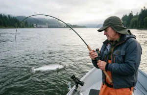 Fishing the Columbia for Salmon and Steelhead. The Right Way Angler fighting a spring Chinook salmon from an anchored boat on the Columbia River at dawn with a 360 flasher setup