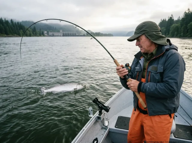 columbia-river-salmon-steelhead-hero-dawn-chinook-fight Angler fighting a spring Chinook salmon from an anchored boat on the Columbia River at dawn with a 360 flasher setup