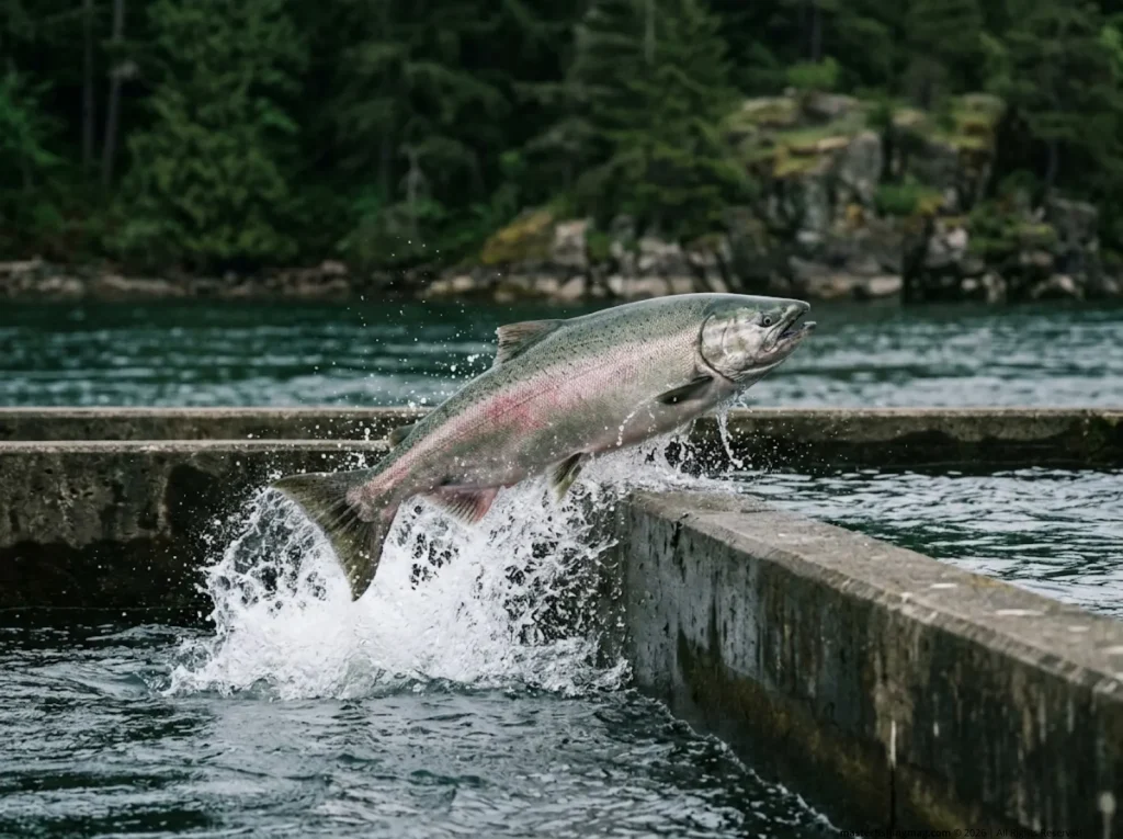 Spring Chinook salmon jumping at the Bonneville Dam fish ladder during peak May migration on the Columbia River