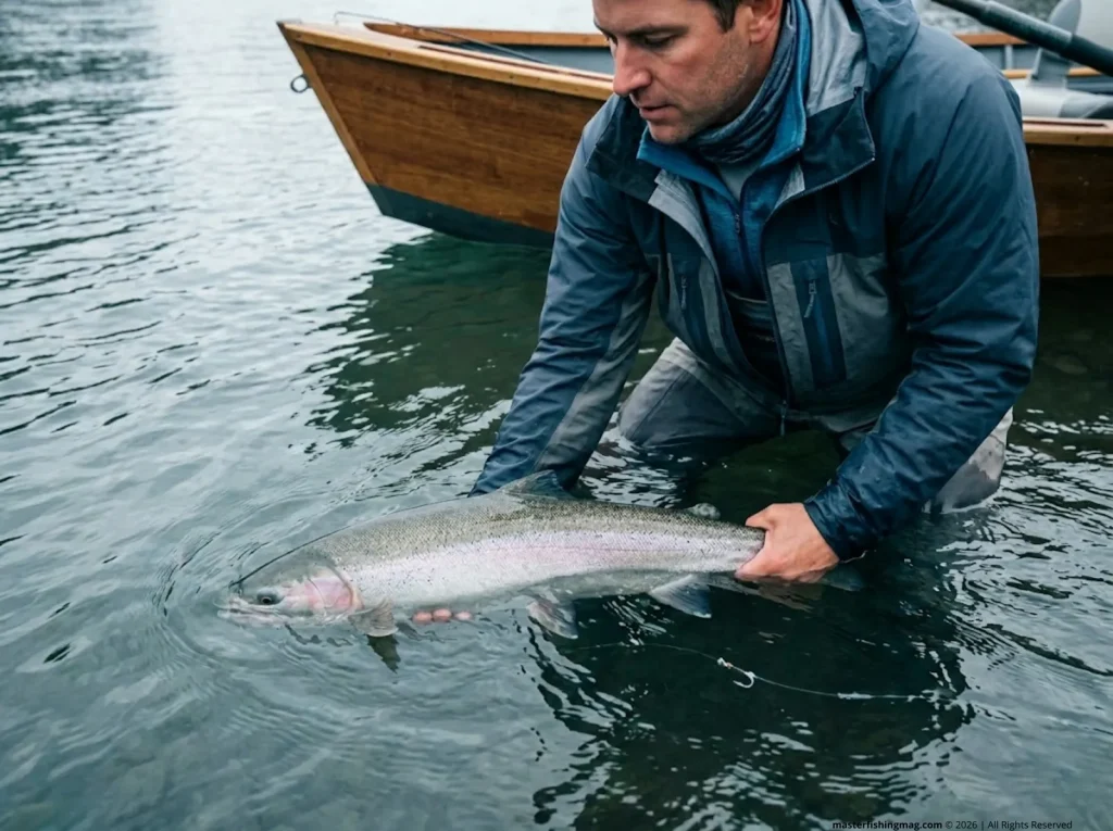 Angler performing a proper wet release of a wild Columbia River steelhead alongside an anchored drift boat, fish facing upstream