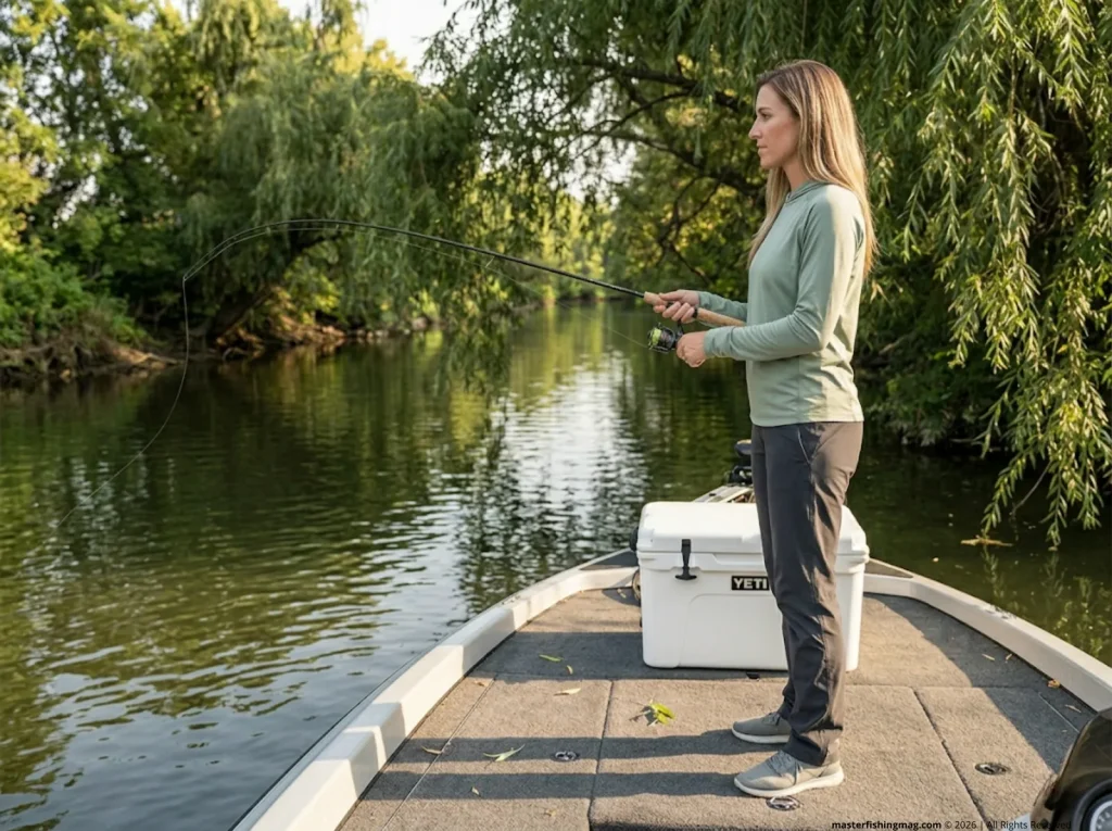Angler properly managing slack line without over-tensioning the lure