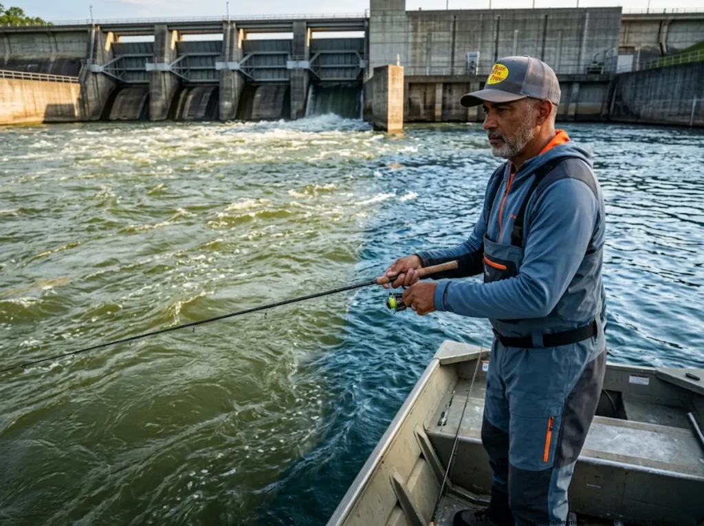 Angler fishing current seams below a hydroelectric dam on a Tennessee Valley reservoir in summer