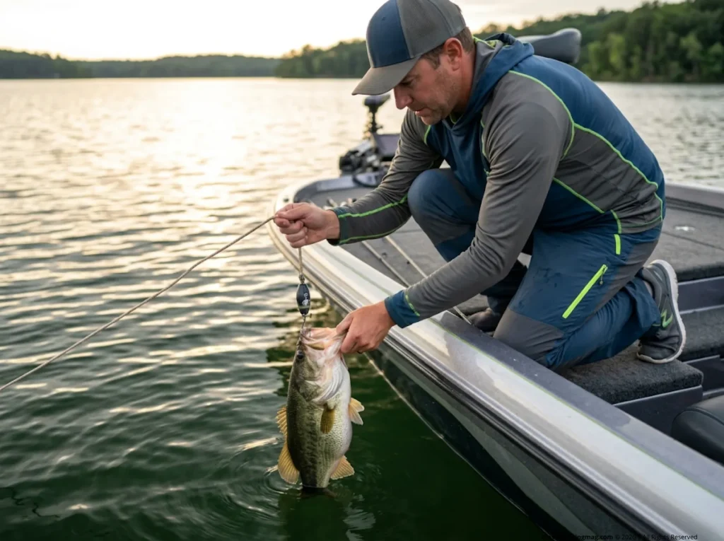 Angler using a SeaQualizer descending device to release a deep-caught largemouth bass back to depth