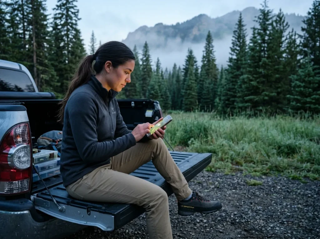 Angler analyzing LiDAR maps on OnX Hunt app before hiking to a remote stream.