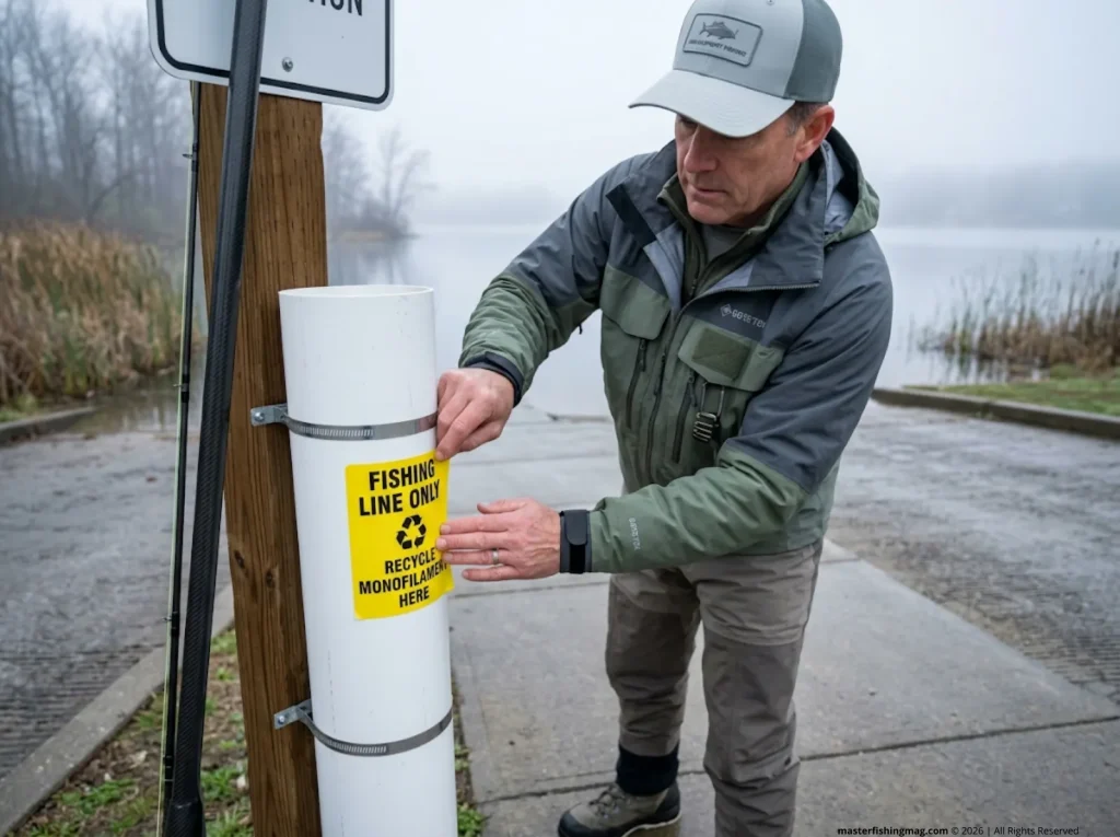 Man installing a DIY PVC fishing line recycling bin at a boat ramp