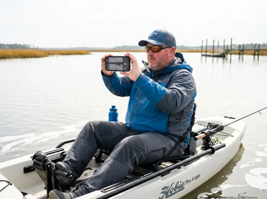 Angler in kayak using smartphone to photograph fishing violation evidence across open water from a safe distance