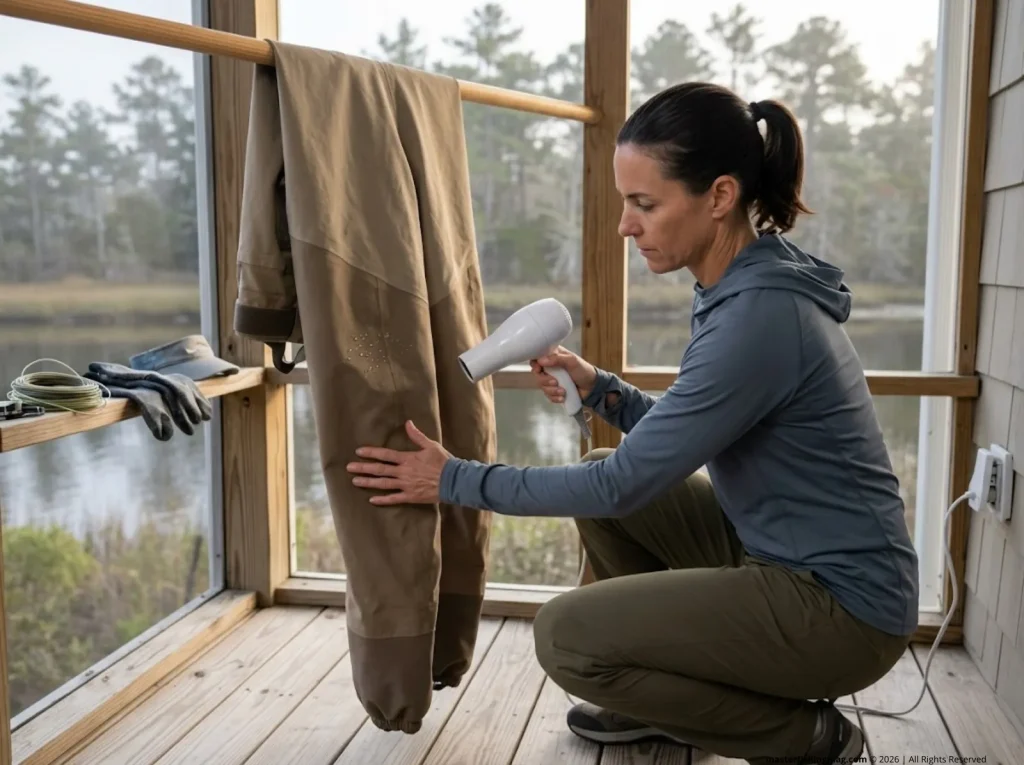 Angler using hairdryer to reactivate DWR coating on Patagonia fishing waders hung on drying rail