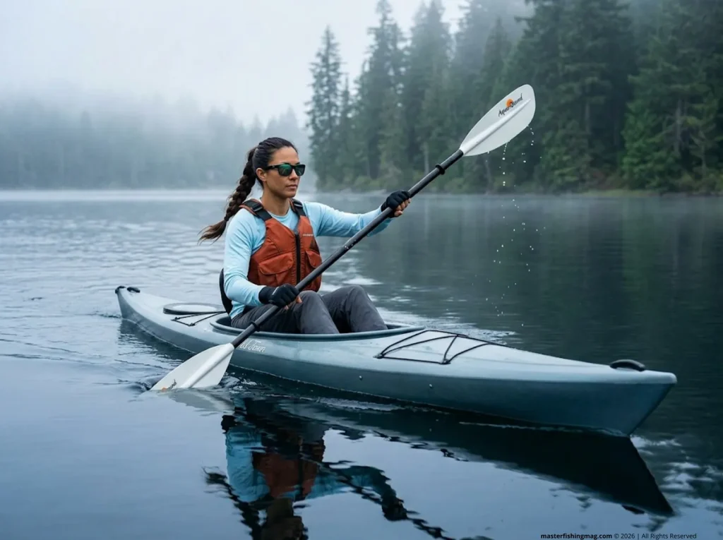 Female angler efficiently paddling streamline kayak