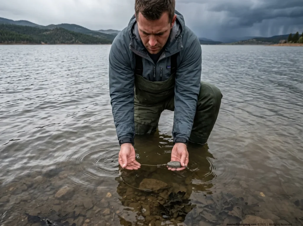 Submerged bolt rig setup with heavy lead being inspected by angler.