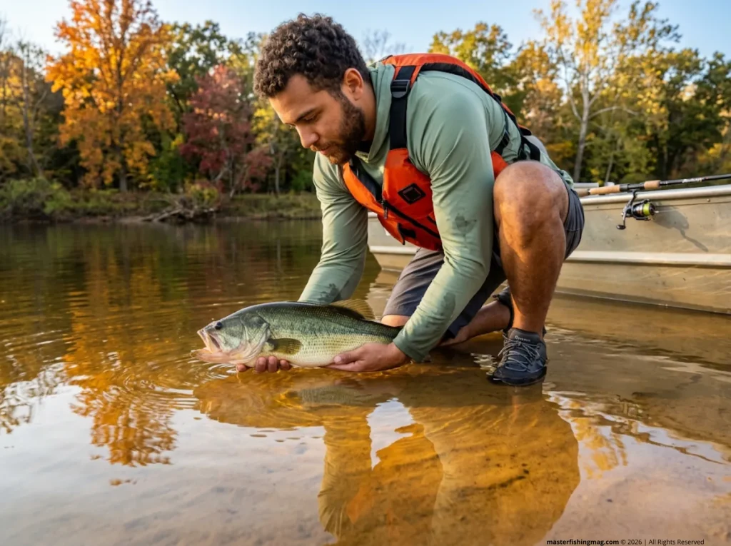 Angler properly releasing a fat fall largemouth bass in creek arm shallows using horizontal hold