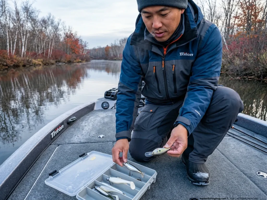 Bass angler selecting lures based on water temperature range during fall shad migration