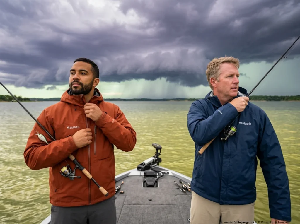Two anglers gearing up on a reservoir as a fall cold front approaches, fishing the pre-storm window