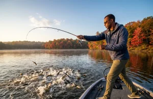 What Moves Shad in Fall (And Where Bass Go Next) Angler casting into a fall shad boil at a creek arm secondary point during the migration