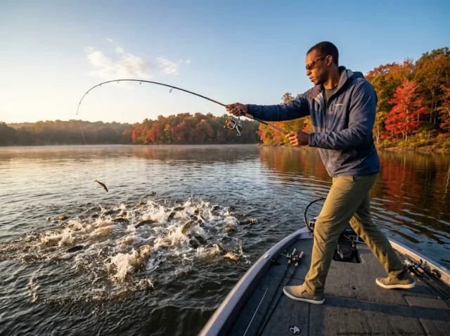 fall-shad-migration-bass-fishing-creek-arm Angler casting into a fall shad boil at a creek arm secondary point during the migration
