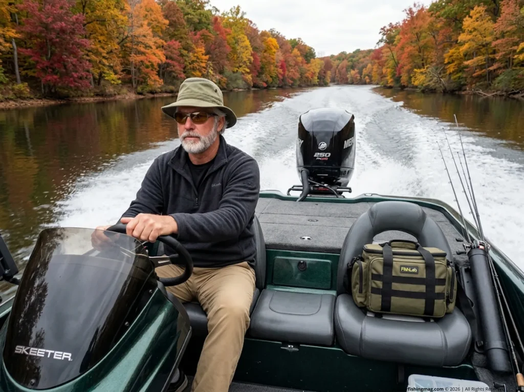 Bass angler running down a fall foliage reservoir creek arm toward the back where shad have migrated