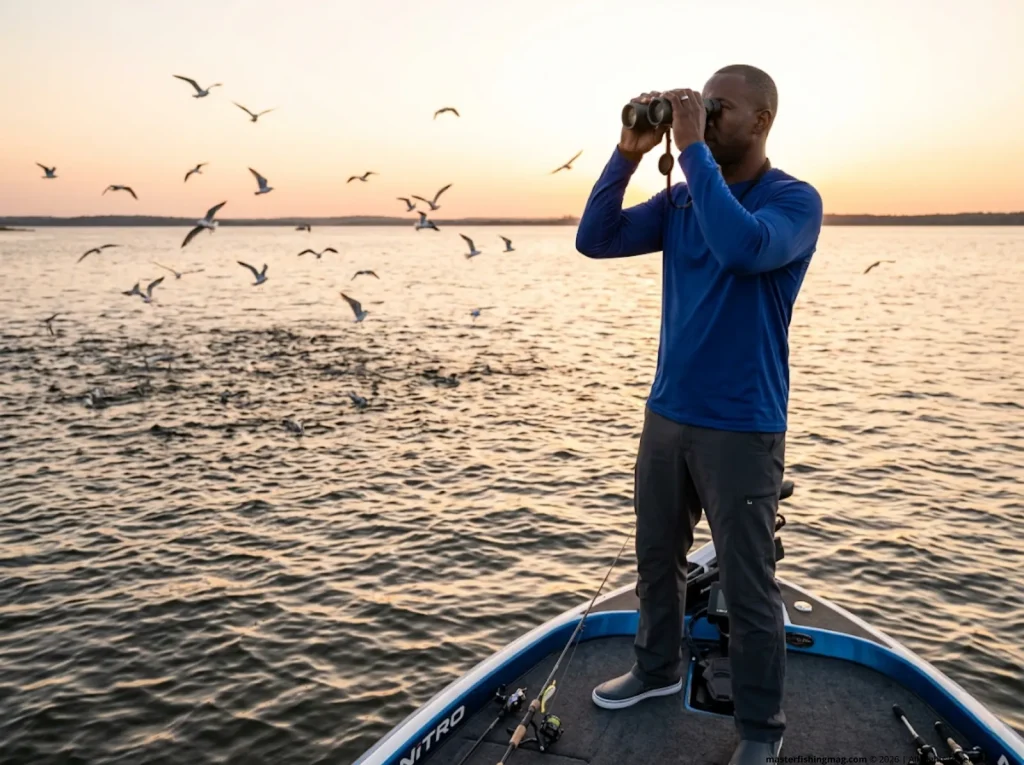 Bass angler using binoculars to track gulls diving on shad during fall migration on a reservoir