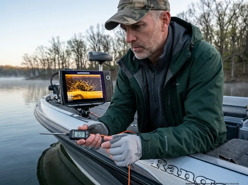 Angler reading a digital thermometer on a fall morning with a Humminbird fish finder in the background