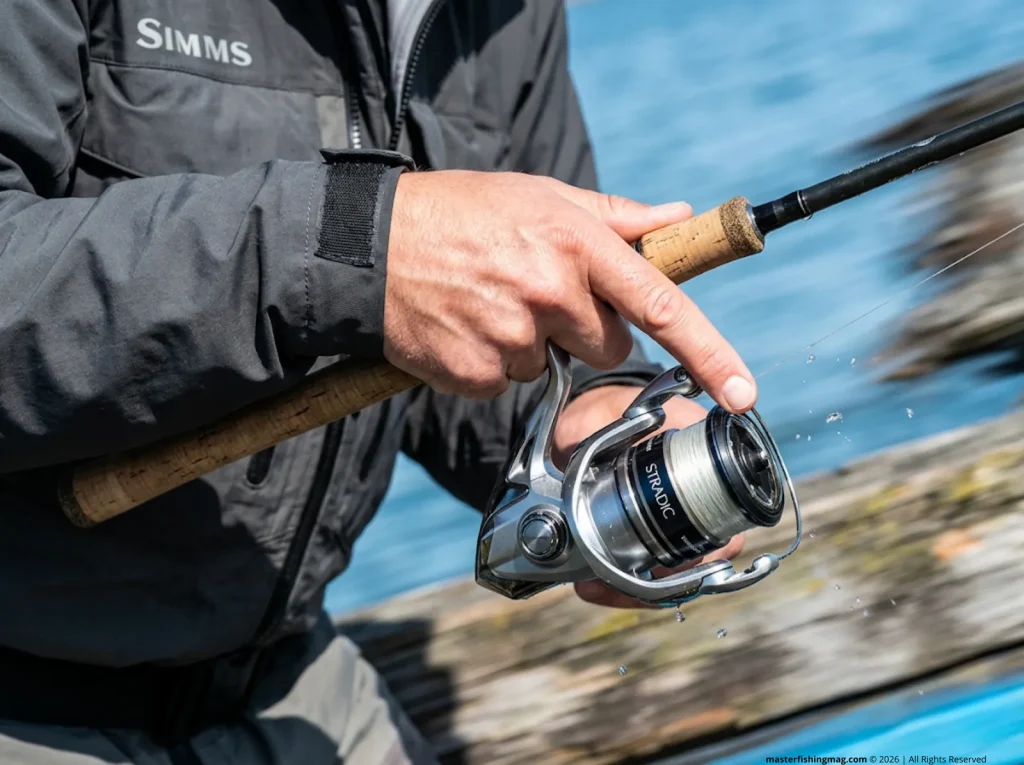 Close-up of an angler's finger feathering a spinning reel spool during a cast to prevent tangles.