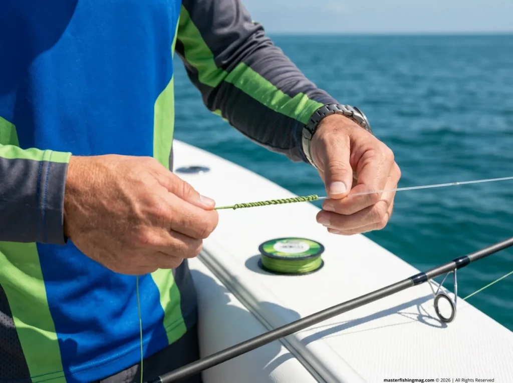 Expert hands tying FG knot connecting PowerPro braid to fluorocarbon leader on boat deck